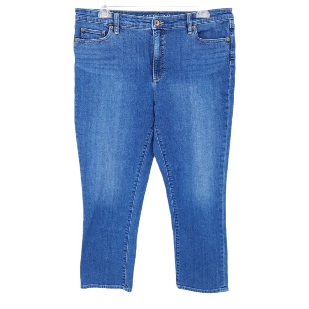 Lands' End Blue Stretch Denim Medium Wash Mid Rise Crop Jeans Size US 16 TALL